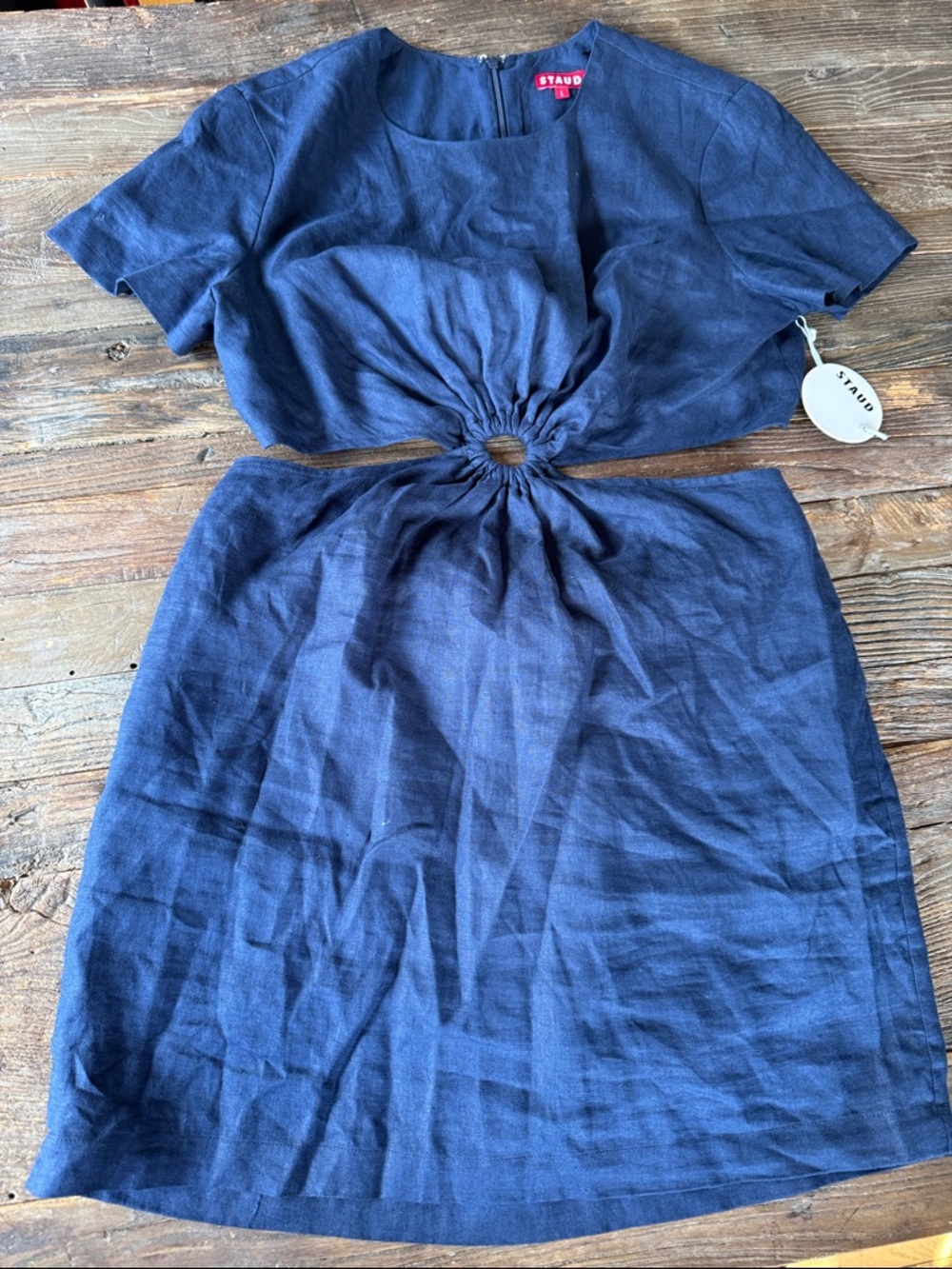 STAUD Epona navy linen cutout mini dress NWT size Large - Picture 6 of 9